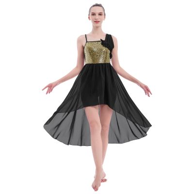 AFAVOM Sequin Lyrical Dance Dress for Women Adult Contemporary Costumes Shiny Flower Ballroom Dresses High Low Tulle Chiffon Skirt with Ballet Leotard Dancewear Black - X-Large