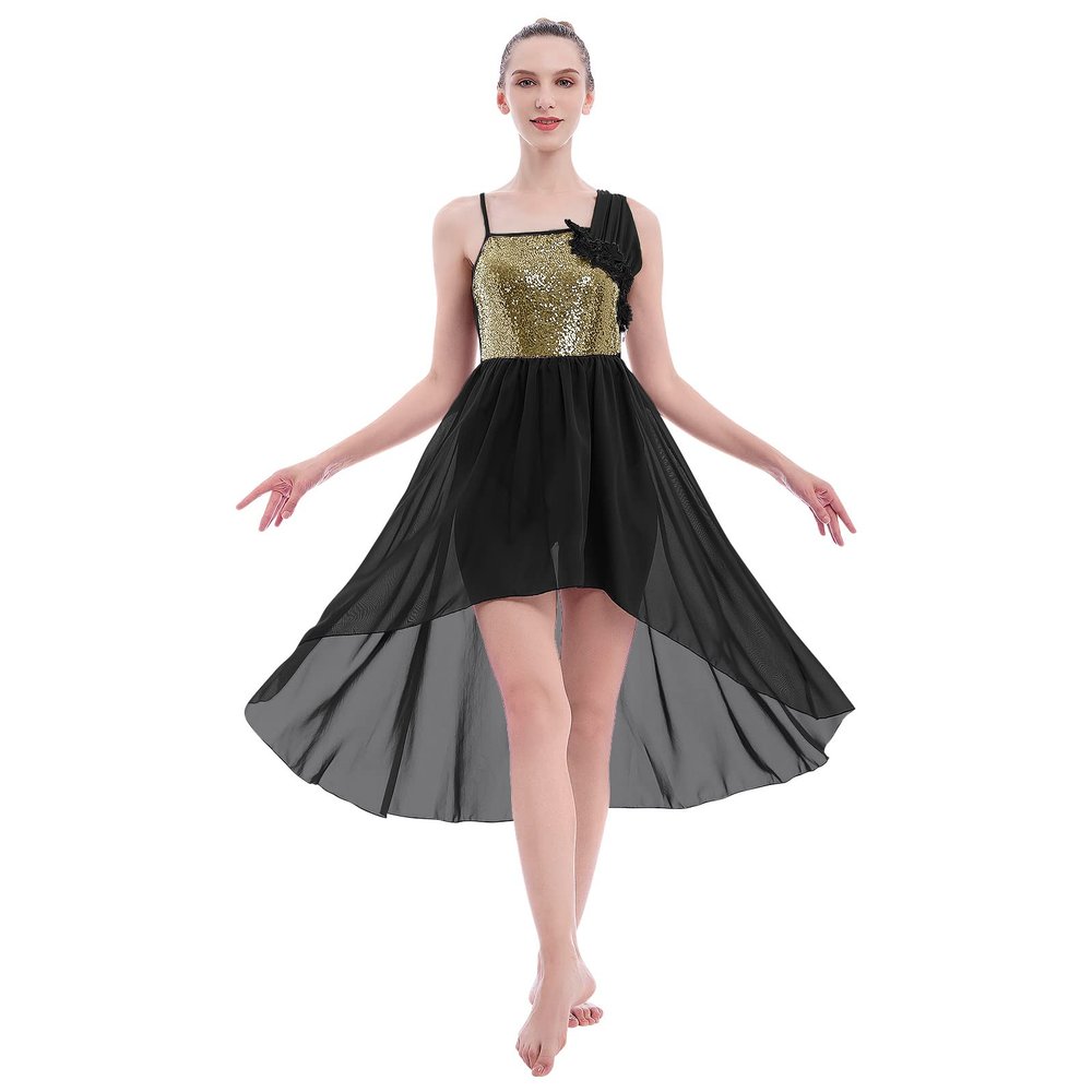 AFAVOM Sequin Lyrical Dance Dress for Women Adult Contemporary Costumes Shiny Flower Ballroom Dresses High Low Tulle Chiffon Skirt with Ballet Leotard Dancewear Black - X-Large