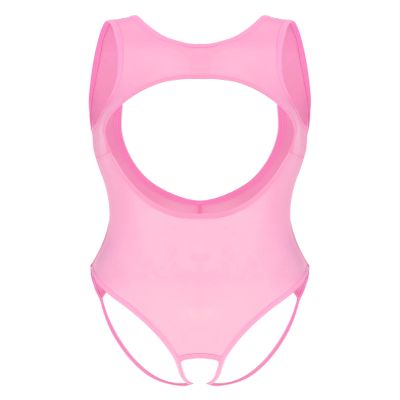 Hedmy Women's Silky Sheer Mesh Bodysuit Sleeveless High Cut Teddy Crotchless Thong Swimsuits Pink One Size