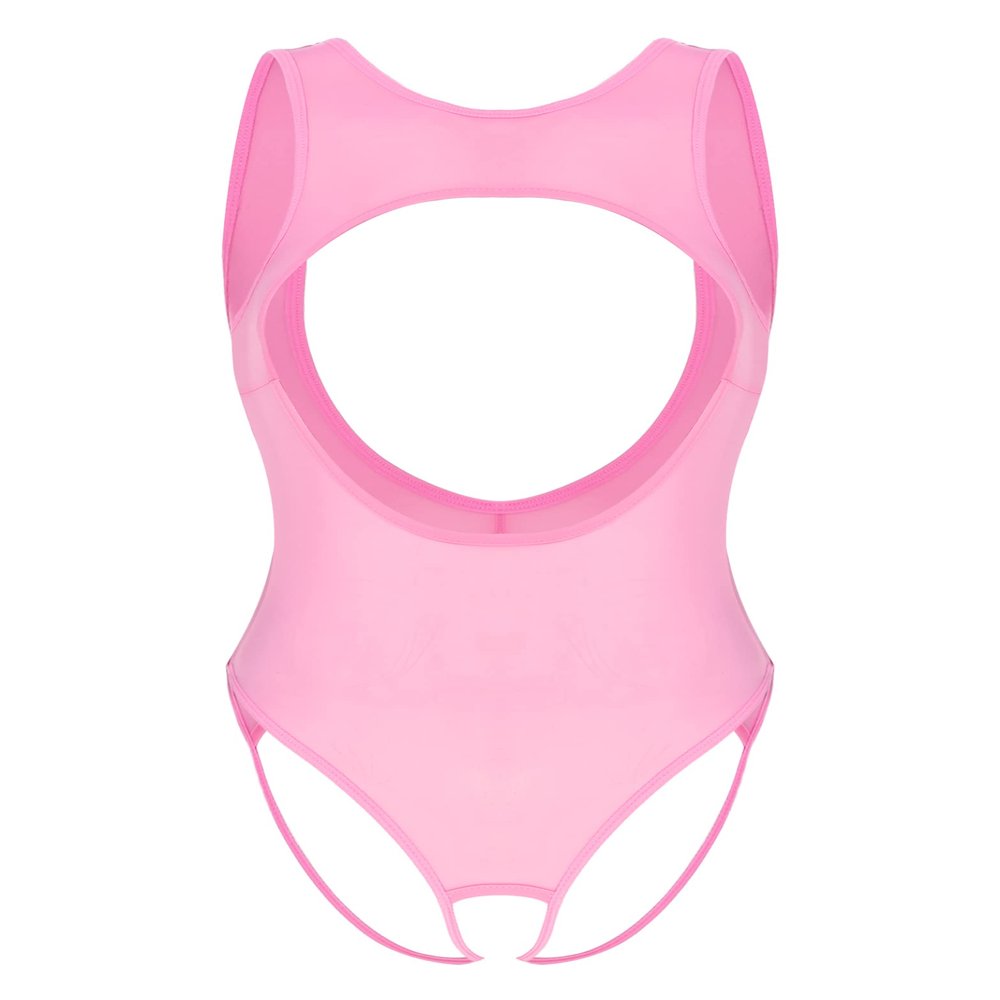 Hedmy Women's Silky Sheer Mesh Bodysuit Sleeveless High Cut Teddy Crotchless Thong Swimsuits Pink One Size