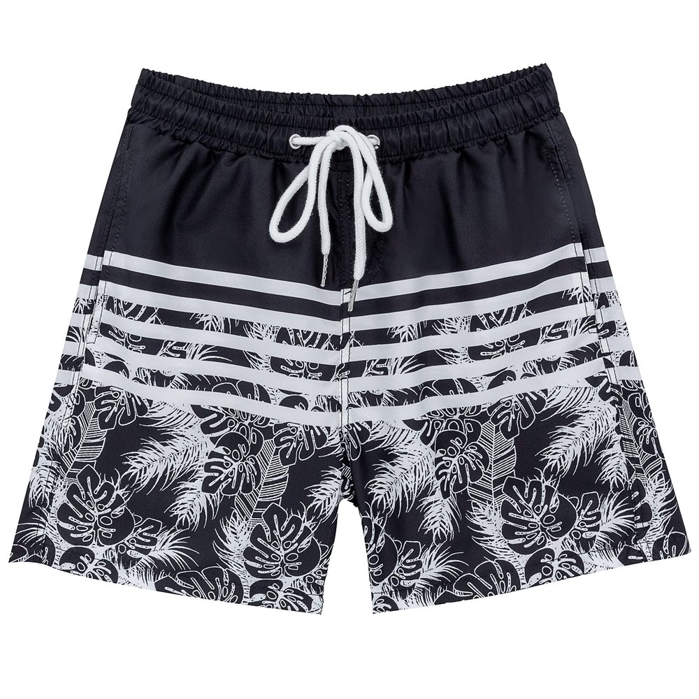 techcity Boys Swim Trunks, Quick Dry Beach Swim Shorts Little Boys Bathing Suit Swimsuit with Mesh Lining, 3-14 Years Black-Stripe
