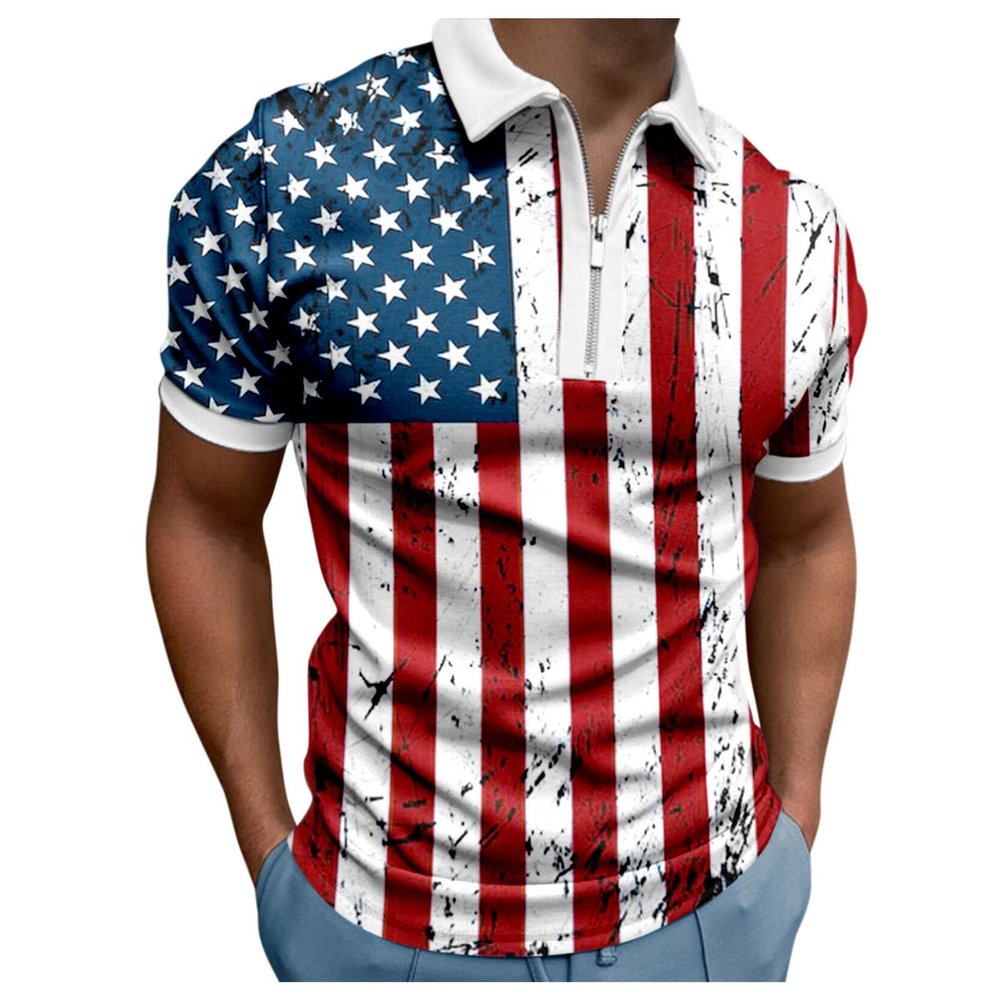 WABEOR Men's Patriotic Polo Shirt Short Sleeve Zip Up Casual Summer Slim Fit Golf T-Shirt Big and Tall American Flag T Shirts