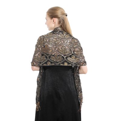 Heavyoff Women's Floral Lace Shawl Scarf with Tassels, Soft Mesh Fringe Wraps for Bridal Party Wedding Evening Party Dresses, Black+Gold 2, 19.5x70.2 inch