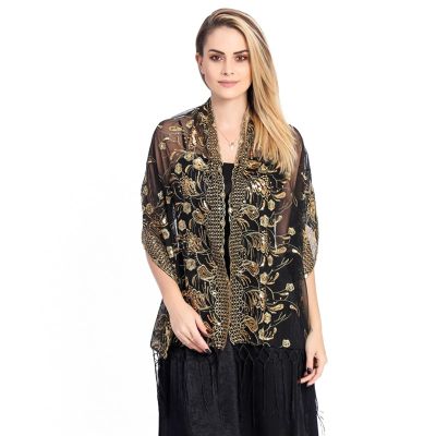 Heavyoff Women's Floral Lace Shawl Scarf with Tassels, Soft Mesh Fringe Wraps for Bridal Party Wedding Evening Party Dresses, Black+Gold, 23.5x70.2 inch
