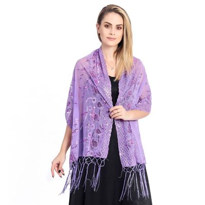 Heavyoff Women's Floral Lace Shawl Scarf with Tassels, Soft Mesh Fringe Wraps for Bridal Party Wedding Evening Party Dresses, Light Purple, 23.5x70.2 inch