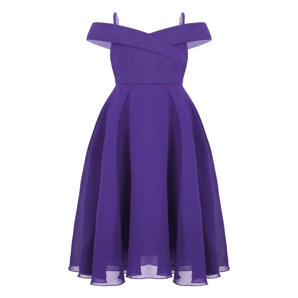 Duoremi Kids Flower Girls Elegant Chiffon Off Shoulder Bridesmaid Wedding Dress Birthday Party A Line Evening Dress Purple 8 Years