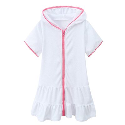 Kids Little Girls Summer Swim Cover Up Swimsuit Zip Up Beach Bathing Suit Hooded Bathrobe Absorbent 3 (White, 6-7 Years)