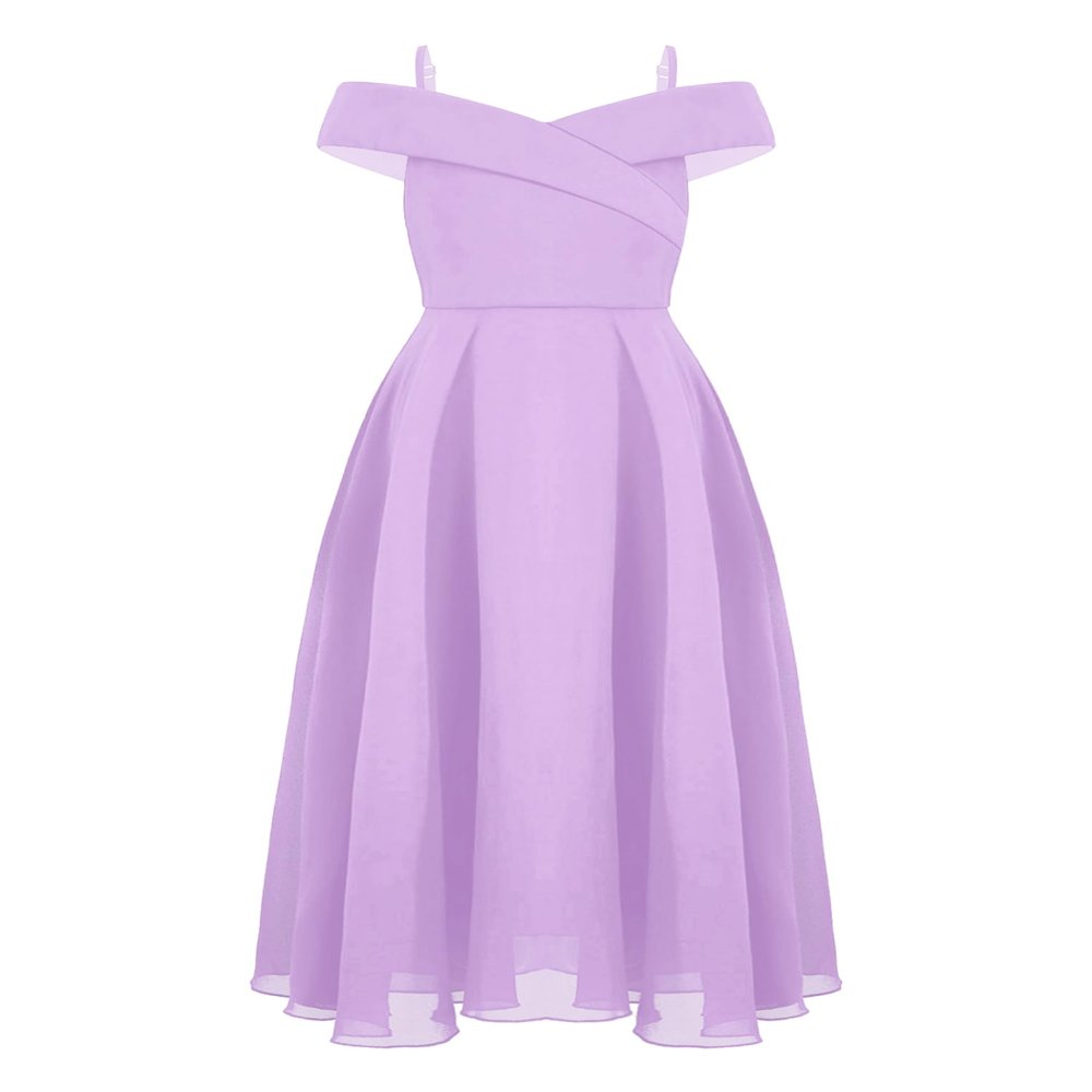 Duoremi Kids Flower Girls Elegant Chiffon Off Shoulder Bridesmaid Wedding Dress Birthday Party A Line Evening Dress Lavender 10 Years