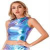 YiZYiF Fashion Women's PVC Leather Shiny Metallic Sleeveless Turtleneck Crop Tank Tops Dancewear Blue Medium view 3