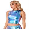 YiZYiF Fashion Women's PVC Leather Shiny Metallic Sleeveless Turtleneck Crop Tank Tops Dancewear Blue Medium view 4