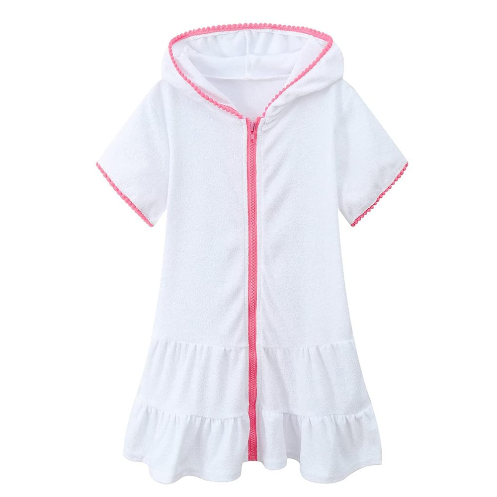 Kids Little Girls Summer Swim Cover Up Swimsuit Zip Up Beach Bathing Suit Hooded Bathrobe Absorbent 3 (White, 3-4 Years)