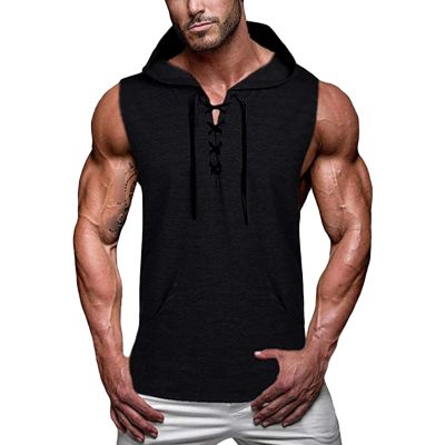 Men's Relaxed Solid Color Lace-Up Hooded Vest Workout Gym Sleeveless with Hood Tank Tops Muscle Cut Off T Shirt (Black,Small)