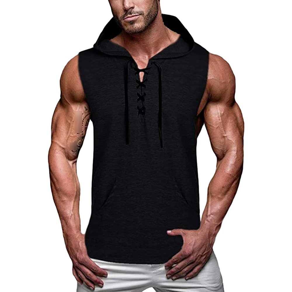 Men's Relaxed Solid Color Lace-Up Hooded Vest Workout Gym Sleeveless with Hood Tank Tops Muscle Cut Off T Shirt (Black,Small)
