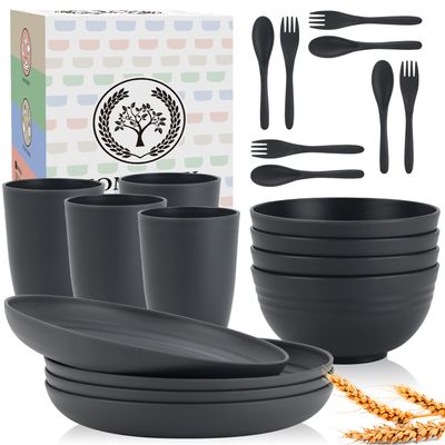 Wheat Straw Dinnerware Sets, Homienly 20pcs Unbreakable Microwave Dishwasher Safe Tableware Lightweight Bowls, Cups, Plates Set Reusable Dinner Plates Bowls set (Dark Grey)