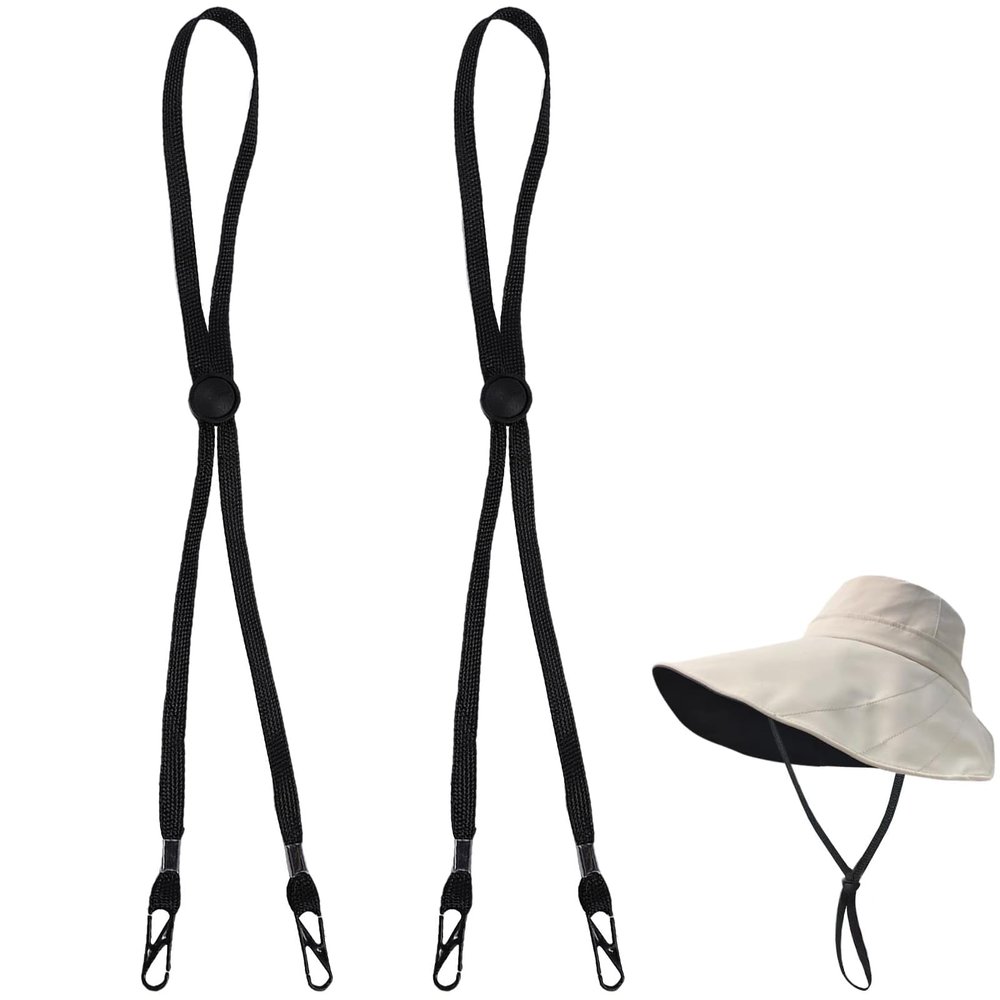 2Pcs Windproof Rope for Hat, Flexible Adjustable Hat Strap Removable Windproof Hat Chin Cord Anti Lost Strap with Clips Hat Chin Cord(Black)