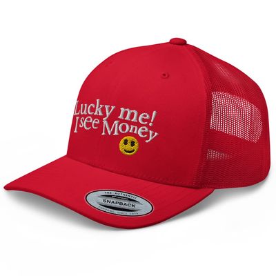 RIVEMUG Lucky Me I See Money Trucker Hat Mid Crown Curved Bill Snapback Cap Red