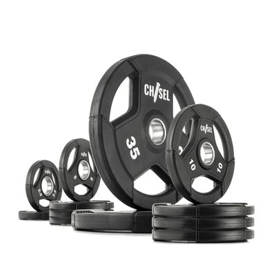 XMARK CHISEL Olympic Weight Plates, Rubber Grip Plates for Barbell, 2-inch Weights, Pairs or Sets, Strength Training and Weight Lifting for Home Gym (5) 135 lb Set)