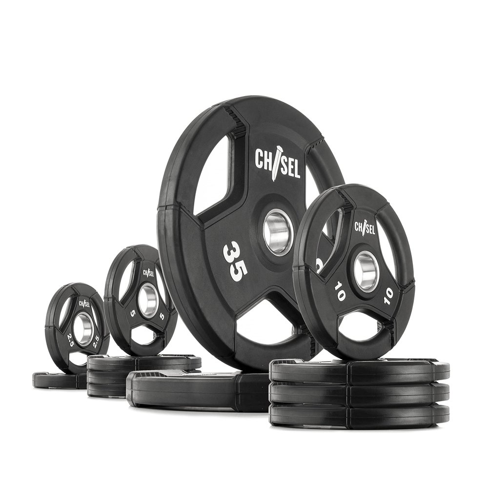 XMARK CHISEL Olympic Weight Plates, Rubber Grip Plates for Barbell, 2-inch Weights, Pairs or Sets, Strength Training and Weight Lifting for Home Gym (5) 135 lb Set)