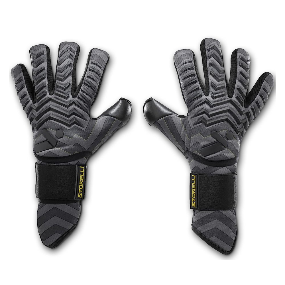 Storelli Electric Goalkeeper Gloves, High-Impact Hand Protection with 5 Removable Finger Spines, German Contact Latex, Wrist Strap, Extended Cuff, Youth & Adults, Unisex, 1 Pair, Black Charge, Size 6