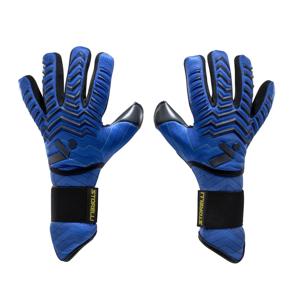 Storelli Electric Goalkeeper Gloves, High-Impact Hand Protection with 5 Removable Finger Spines, German Contact Latex, Wrist Strap, Extended Cuff, Youth & Adults, Unisex, 1 Pair, Blue Charge, Size 6