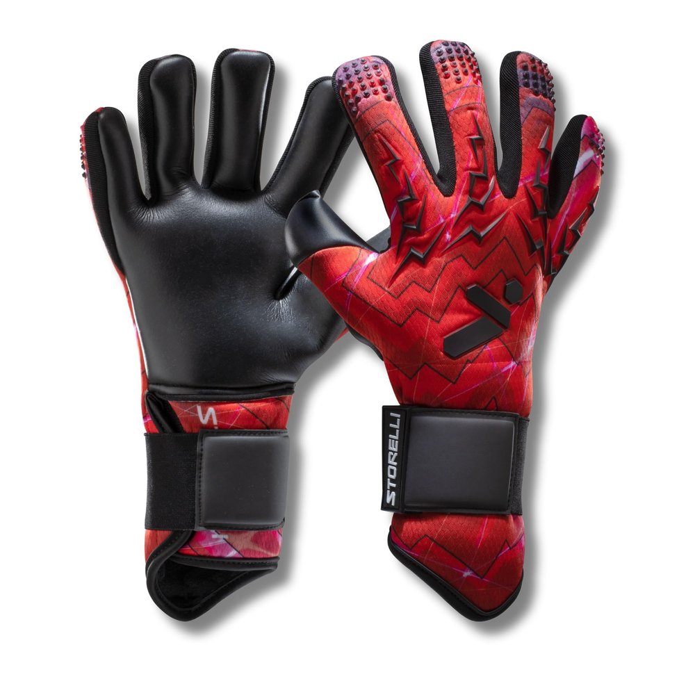 Storelli Lightning Goalkeeper Gloves, High-Impact Hand Protection with 5 Built-in Finger Spines, German New Basic Latex, Wrist Strap, Extended Cuff, Youth & Adults, Unisex, 1 Pair, Red Storm, Size7
