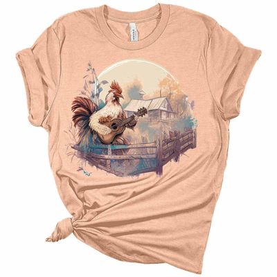 GyftWear Womens Cottagecore Shirt Rooster Playing Guitar T-Shirt Aesthetic Graphic Tee Short Sleeve Top Heather Peach 2XL