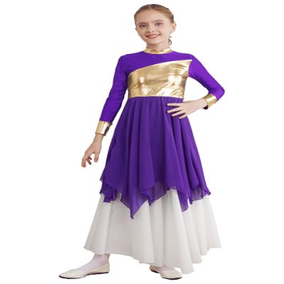 JEATHA Kids Girls Long Sleeve Shiny Metallic Praise Asymmetrical Tunic Dress Lyrical Contemporary Dance Costume Purple A 6 Years