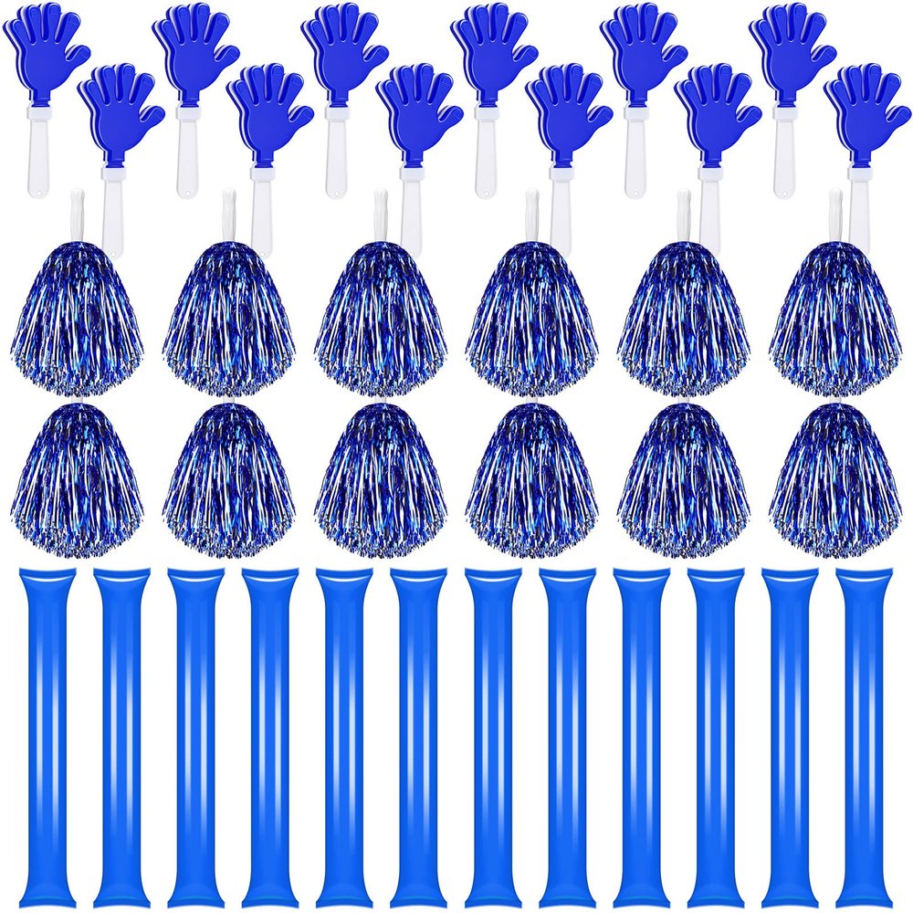 Sosation 36 Pcs Team Spirit Accessories, Cheerleading Pom Poms Hand Clappers Party Favors and Thunder Sticks Noise Makers for Sporting Events Football Baseball Cheering Essentials(Blue Silver)