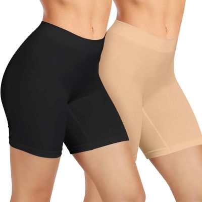 ZENUTA 2 Pack Anti Chafing Shorts Women, Seamless Slip Shorts for Under Dresses, Spandex Bike Shorts for Yoga Workout (2pcs Black Nude)