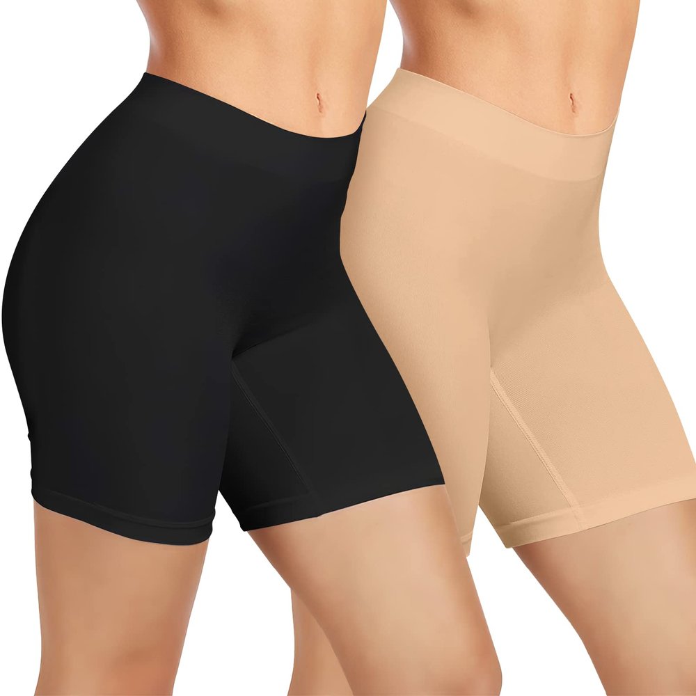 ZENUTA 2 Pack Anti Chafing Shorts Women, Seamless Slip Shorts for Under Dresses, Spandex Bike Shorts for Yoga Workout (2pcs Black Nude)