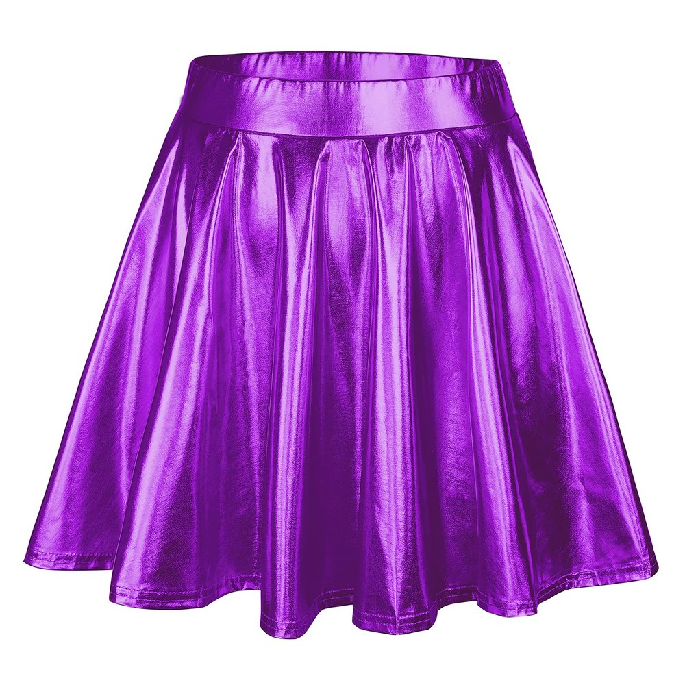 Metallic Womens High Waisted Skater Skirt - Flared Mini Rave Skirt in Purple Medium