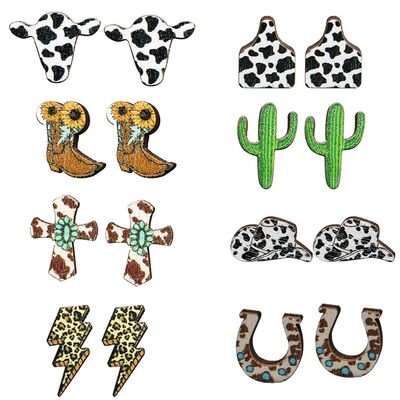 8pcs Western Vintage Cowgirl Cowboy Natural Wooden Stud Earrings Bulk Cattle Head Boot Cactus Hat Lightning Bolt Print for Women Handmade Tribal Animal Jewelry