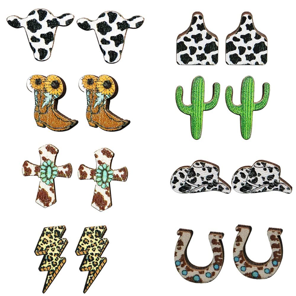 8pcs Western Vintage Cowgirl Cowboy Natural Wooden Stud Earrings Bulk Cattle Head Boot Cactus Hat Lightning Bolt Print for Women Handmade Tribal Animal Jewelry