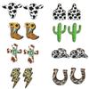 8pcs Western Vintage Cowgirl Cowboy Natural Wooden Stud Earrings Bulk Cattle Head Boot Cactus Hat Lightning Bolt Print for Women Handmade Tribal Animal Jewelry view 1