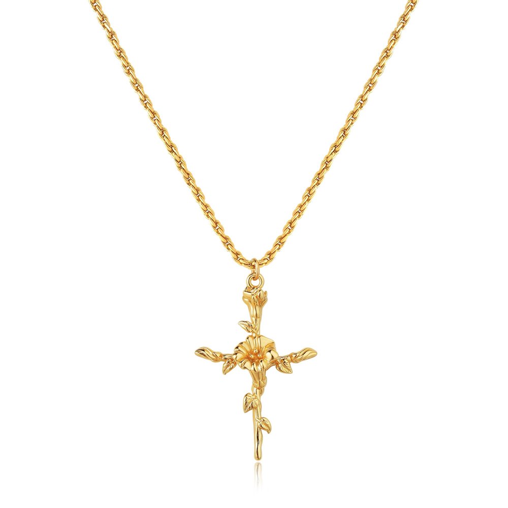 LADYGD Cross Necklace for Women 14K Gold Plated Birth Flower Necklaces Rope Cross Pendant Fashion Gold Jewelry Birthday Gifts 12 Month 19.5" Morning Glory