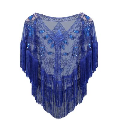 Women 1920S Shawl With Tassels Beaded Fringe Sheer Mesh Wraps Flapper Cover Up royal blue one size