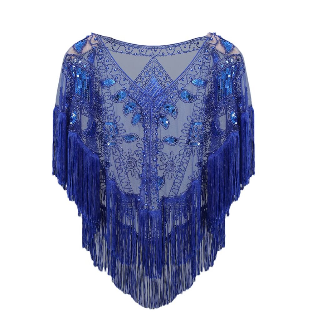 Women 1920S Shawl With Tassels Beaded Fringe Sheer Mesh Wraps Flapper Cover Up royal blue one size
