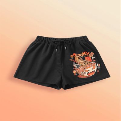 AMDMG Shorts for Women Shorts Women's Shorts Ramen Print Shorts Shorts (Color : Black, Size : Large)