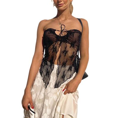 NUFIWI Women Lace Trim Strapless Tube Top Y2k Off Shoulder Backless Bandeau Top Knitted Aesthetic Crop Tank Top(Mesh Lace Black,Large)