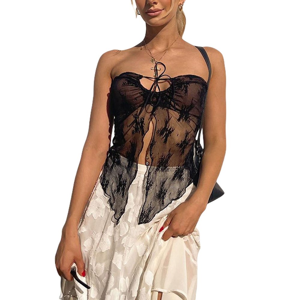 NUFIWI Women Lace Trim Strapless Tube Top Y2k Off Shoulder Backless Bandeau Top Knitted Aesthetic Crop Tank Top(Mesh Lace Black,Large)
