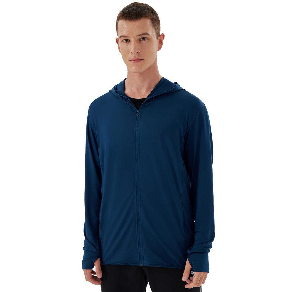 Corna Men's UPF 50+ Sun Protection Hoodie Lightweight Fishing Shirts for Men Long Sleeve UV Protection Outdoors Hiking Running(Navy Blue,L