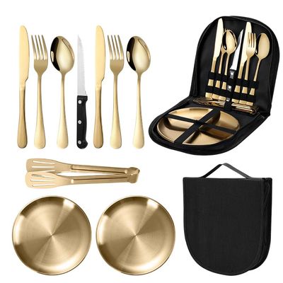 Travel Portable Gold Silverware Set With Case Stainless Steel Camping Flatware Set 10 Piece Modern Cutlery Tableware Utensils Set for Picnic and Other Outdoor Activities Mirror Polished