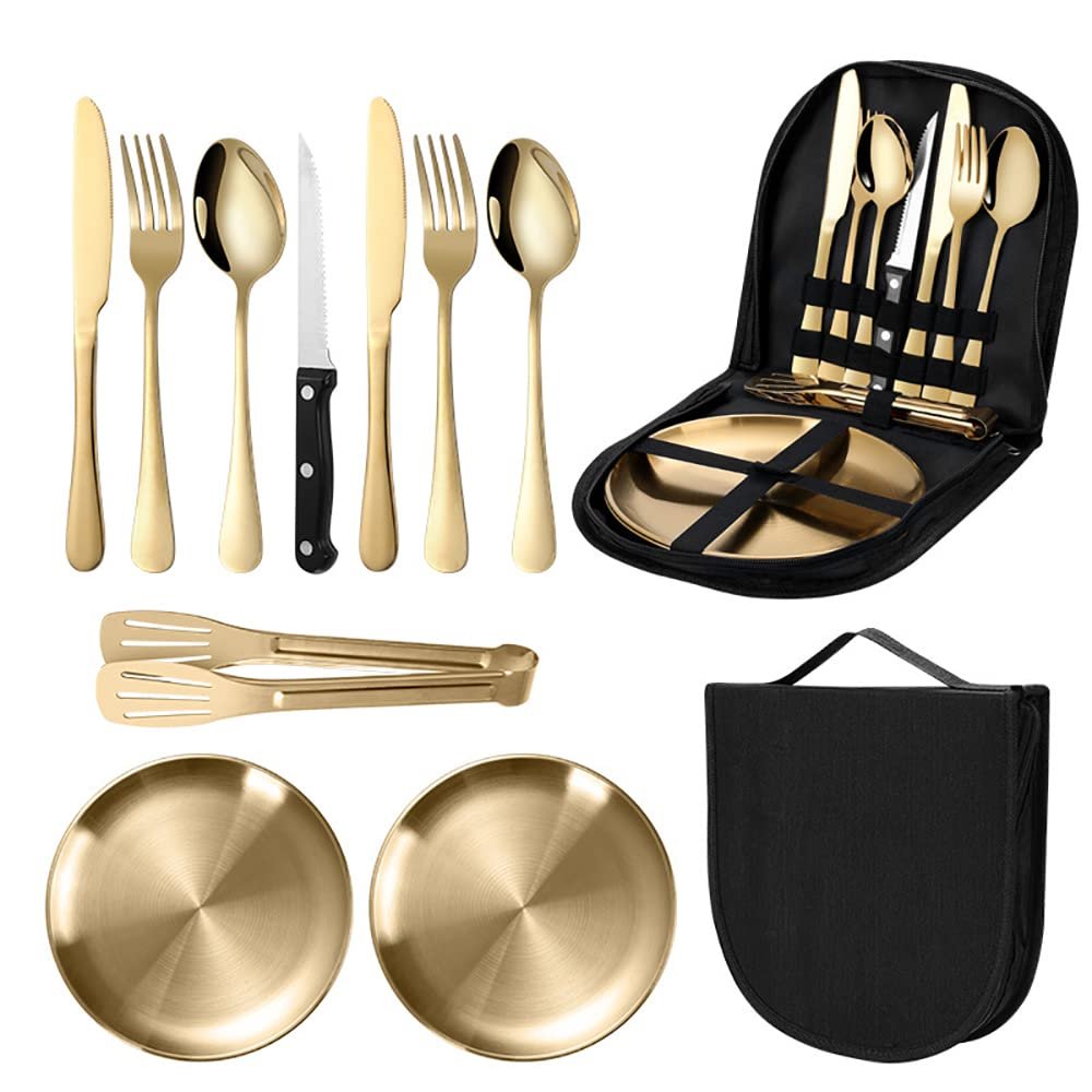 Travel Portable Gold Silverware Set With Case Stainless Steel Camping Flatware Set 10 Piece Modern Cutlery Tableware Utensils Set for Picnic and Other Outdoor Activities Mirror Polished