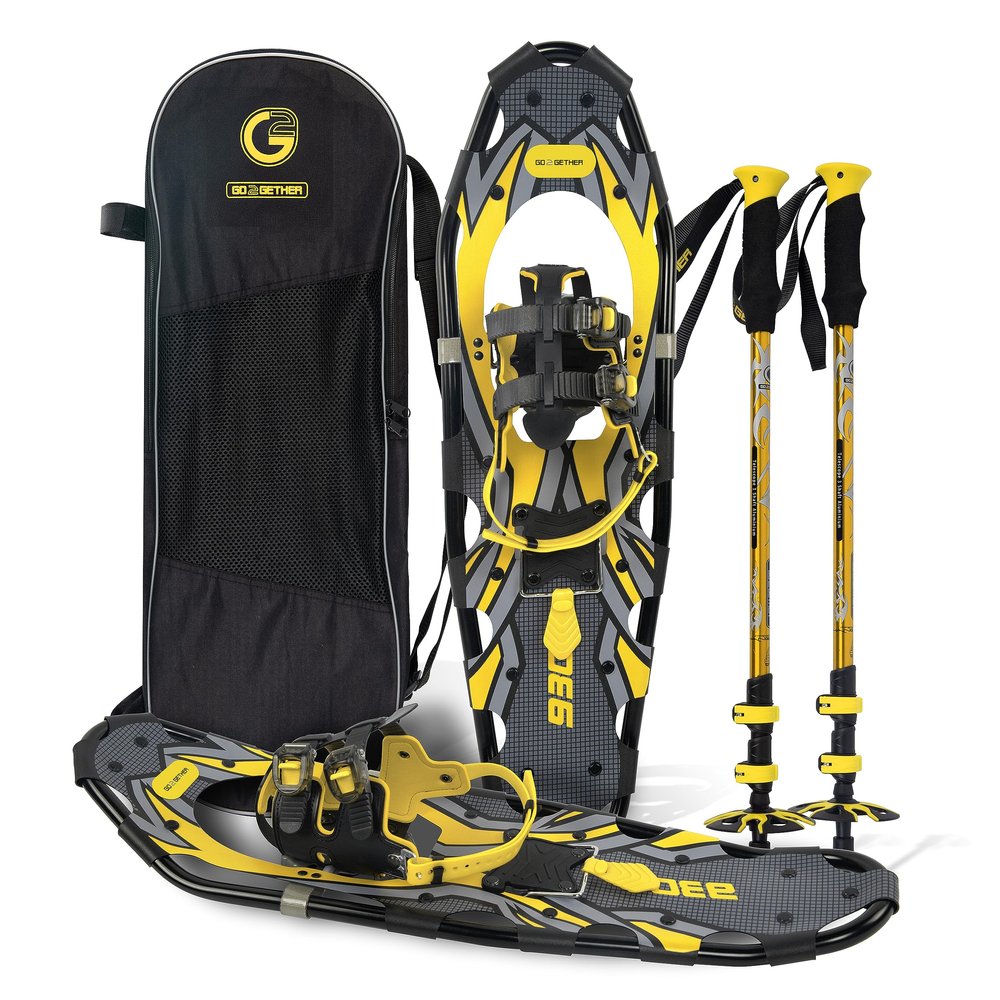 G2 30 Inches Yellow Light Weight Snowshoes for Women Men Youth, Set with Trekking Poles, Tote Bag, Special EVA Padded Ratchet Binding, Heel Lift, Toe Box