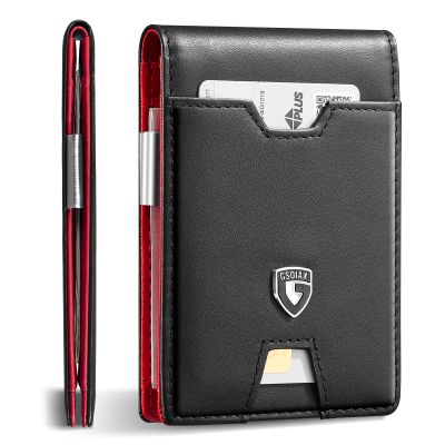GSOIAX Men's Slim RFID Blocking Leather Wallet with Money Clip Minimalist Carbon Fiber Bifold Credit Card Holder 11 Card Slots Gift Box Included(Leather red)