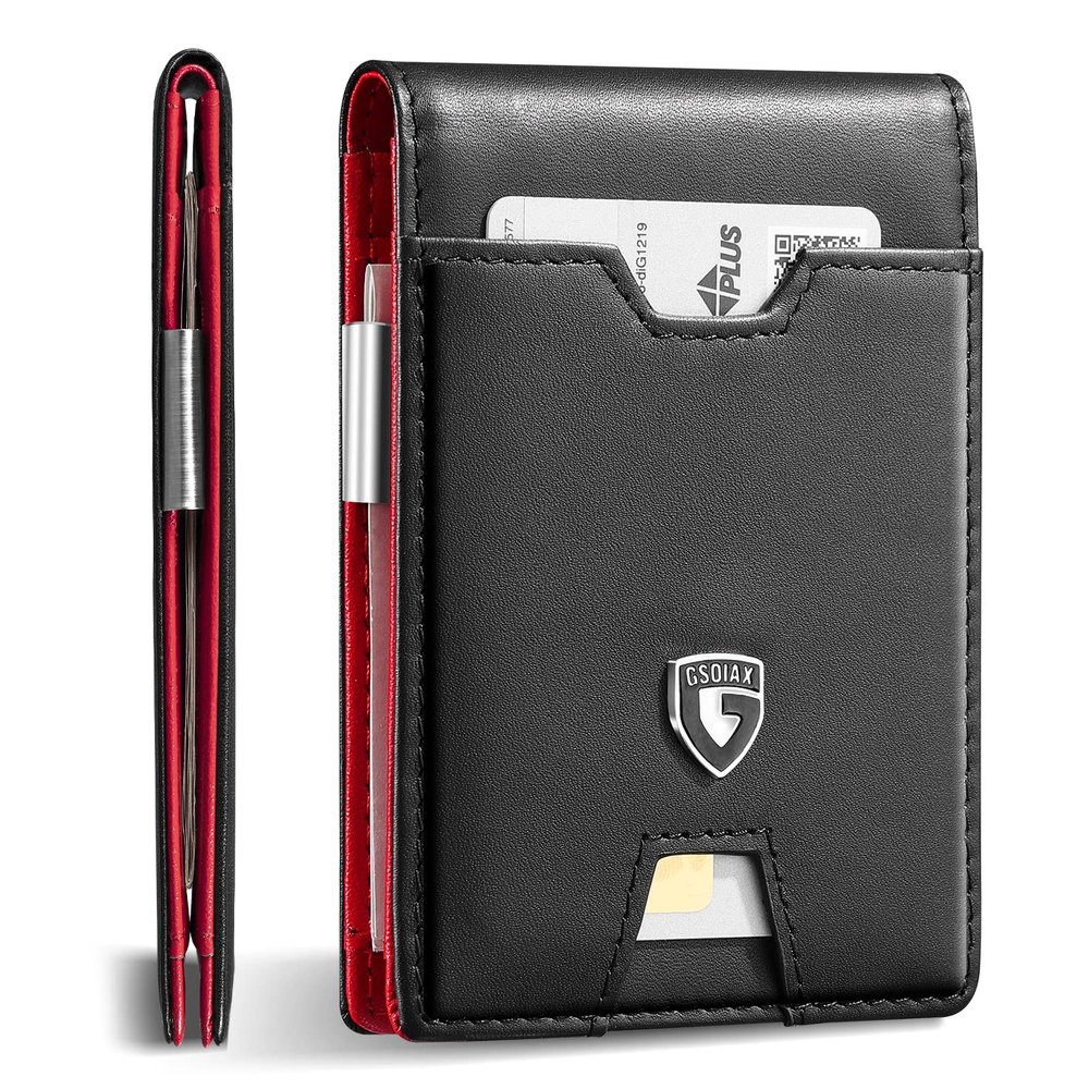 GSOIAX Men's Slim RFID Blocking Leather Wallet with Money Clip Minimalist Carbon Fiber Bifold Credit Card Holder 11 Card Slots Gift Box Included(Leather red)