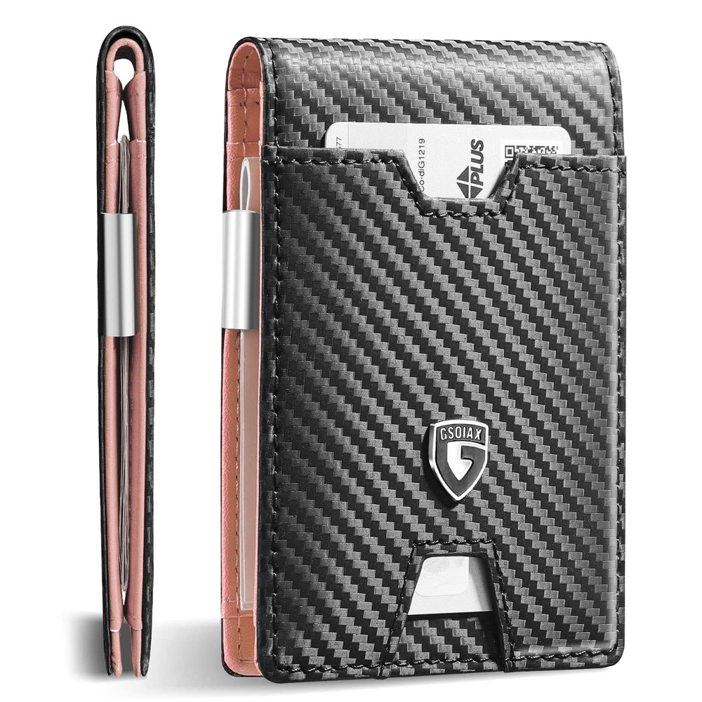 GSOIAX Men's Slim RFID Blocking Leather Wallet with Money Clip Minimalist Carbon Fiber Bifold Credit Card Holder 11 Card Slots Gift Box Included(Carbon Pink)
