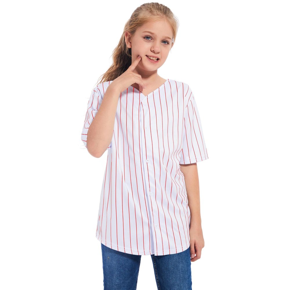BAICAIYU Kids Baseball Jersey Solid Button Down Shirts Sports Uniform for Boy Gril Softball Red Stripe