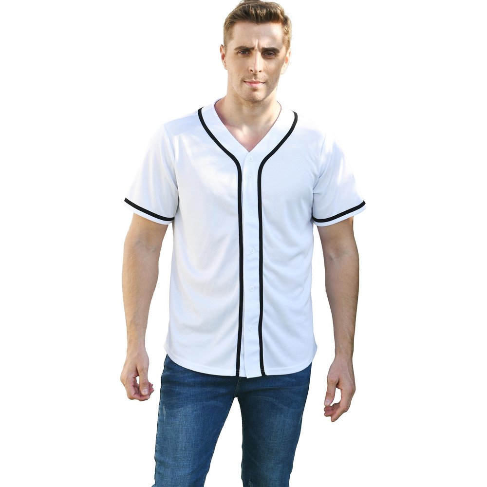 BAICAIYU Men's Baseball Jersey Sports Softball Shirt Short Sleeve Club Casual Wear Fashion Button V-Neck Wide Stripe (White,M,Medium)