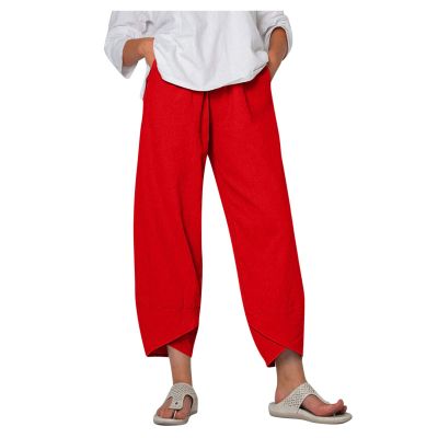 QWENTMTNTY Plus Size Capris Pants for Women Cotton Linen Wide Leg Casual Summer Comfy High Waisted Loose Crop Pants Pockets